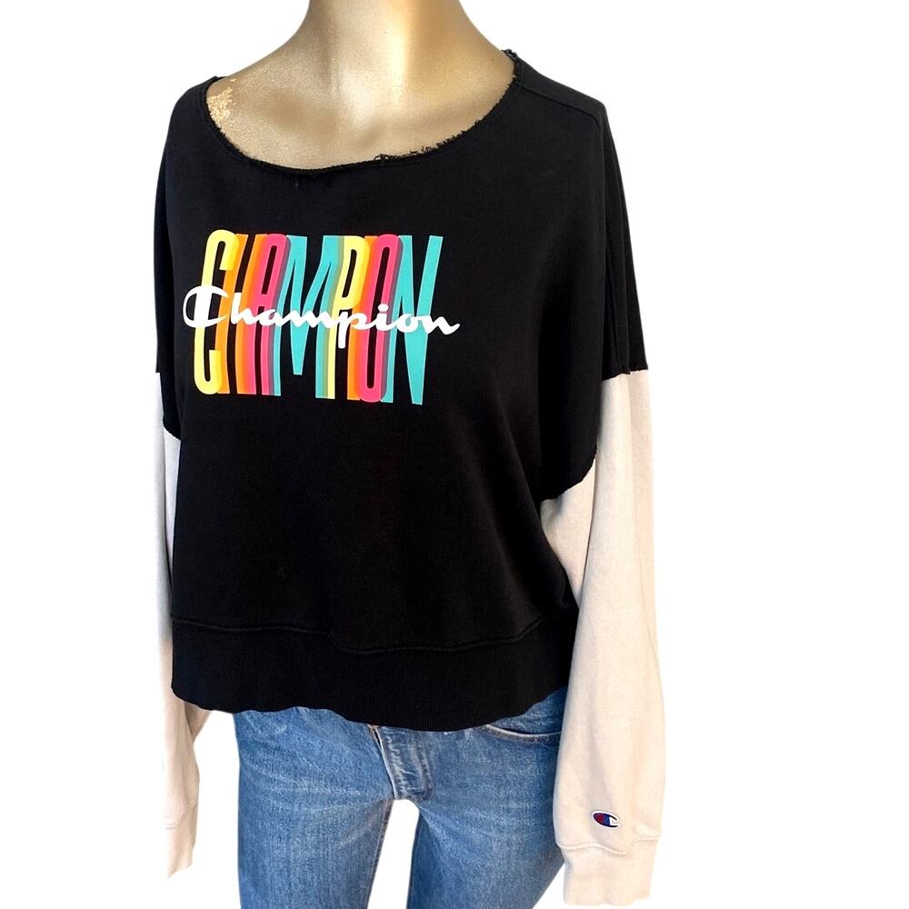 Champion Colorblock Cropped Raw Hem Sweatshirt Size S Neon Graphic
